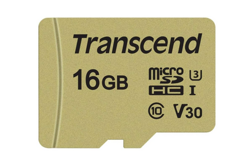 Transcend 16GB microSDHC U3 memory card on a white background