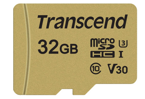 Transcend 32GB microSDHC U3 memory card on a white background