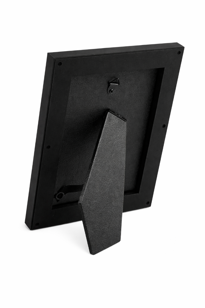 Rear view of hidden camera picture frame showing black backing, integrated stand, and wall hanging hook for discreet indoor 1080p motion recording (no WiFi)