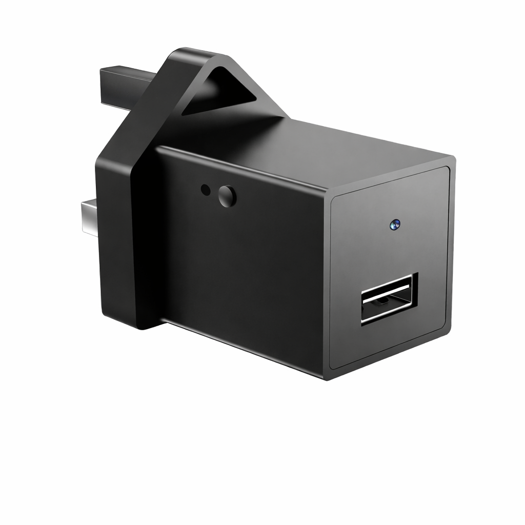 Black hidden camera USB wall charger with WiFi, 1080p HD mini spy camera, motion detection, and front USB charging port on a white background