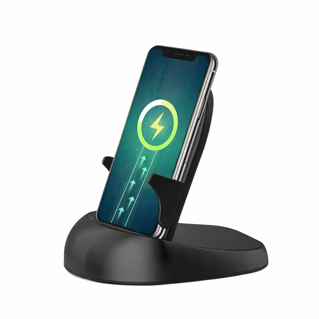 Wireless charger hidden camera phone stand with smartphone on charging dock, disguised 1080p WiFi security camera in black desktop charger on a white background