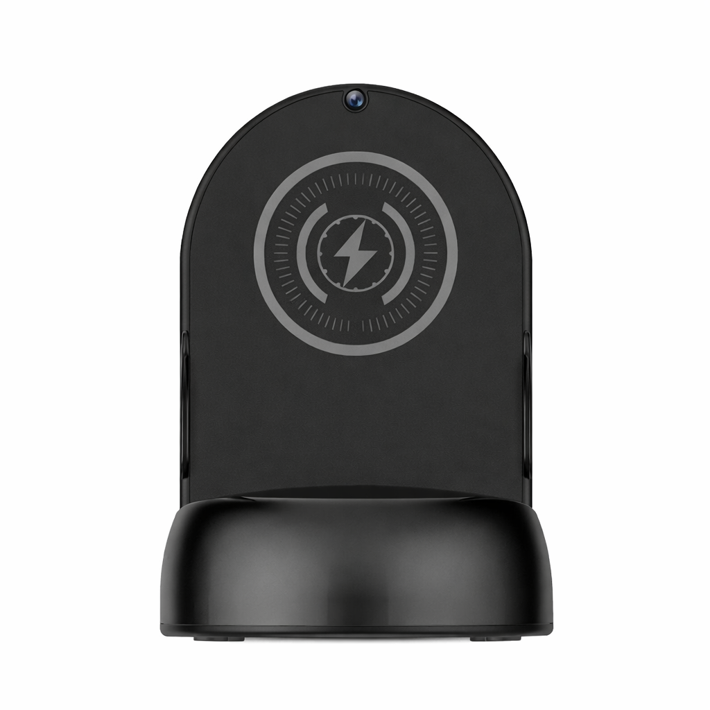 Front view of black wireless charger hidden camera with built in 1080p WiFi spy cam lens, rotating phone stand charging dock on a white background