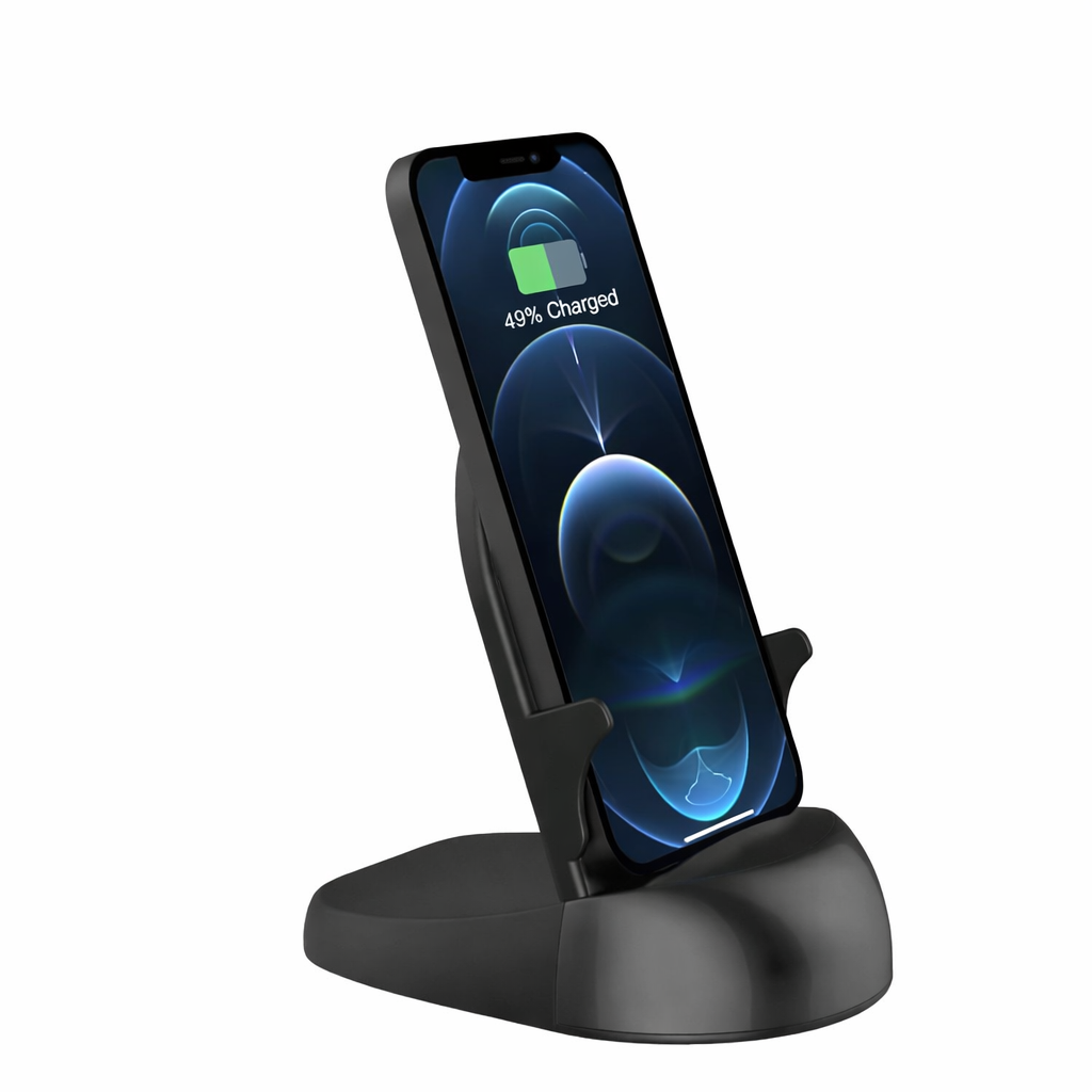 Black wireless charger hidden camera phone stand with iPhone showing 49% charged, disguised 1080p WiFi security camera charging dock on a white background