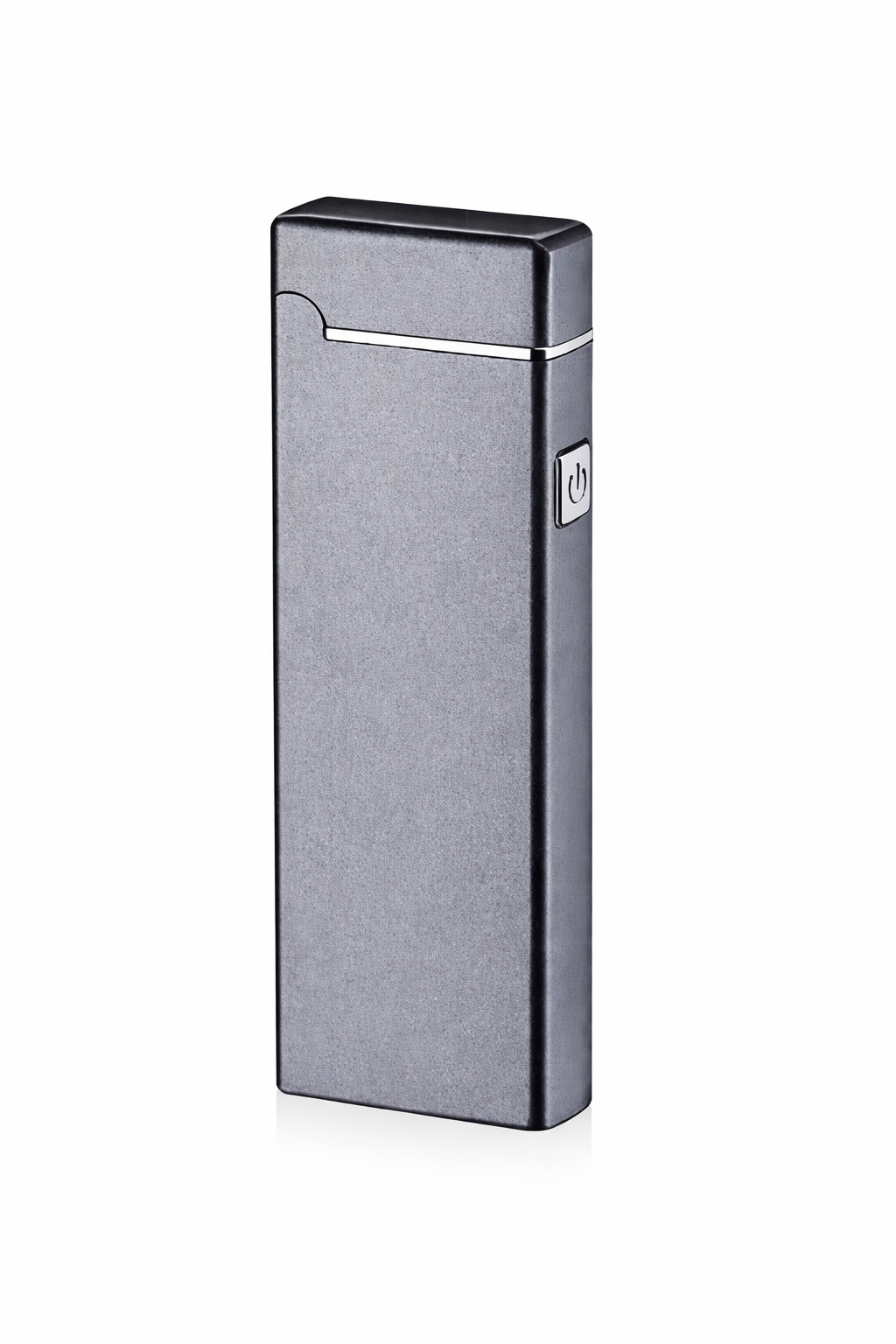 Electronic lighter hidden camera closed view, slim metallic body with side power button, shown on a white background