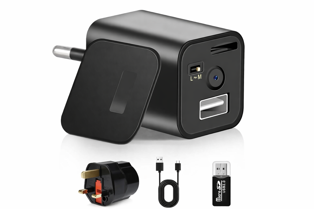 Mini USB charger hidden camera 1080p HD with motion detection and accessories including EU to UK adapter, USB cable, and micro SD card reader on white background