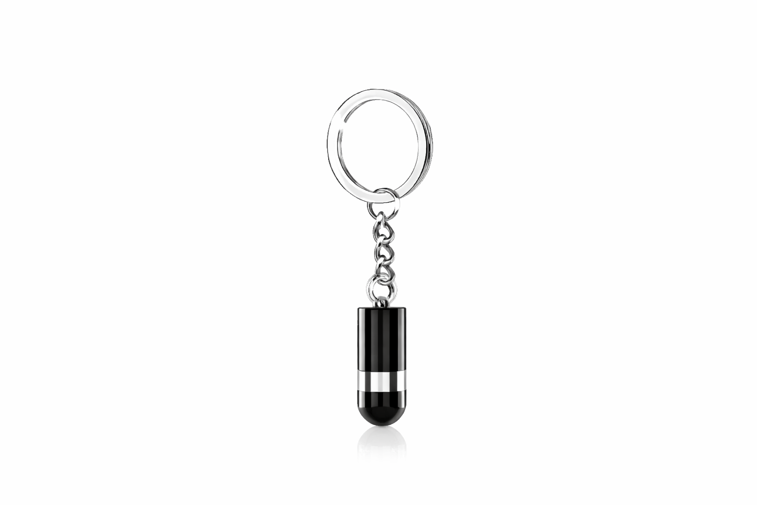 Mini digital voice recorder keychain version 32GB in black and silver capsule design on a white background