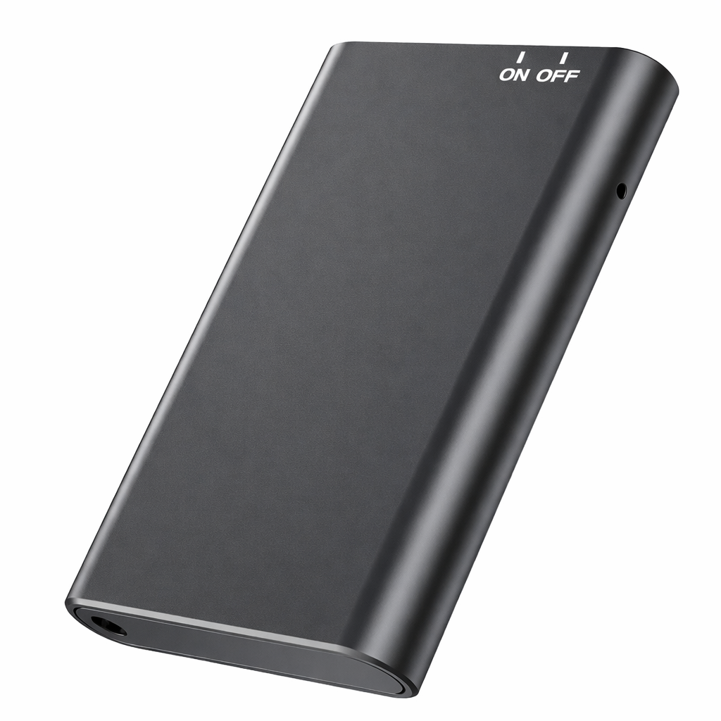 Slim magnetic voice activated recorder 64GB with on off switch, compact black metal body on white background