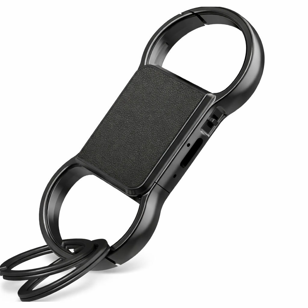 Keychain Voice Recorder with built-in HD microphone, triple noise reduction, and keyring attachment on a white background