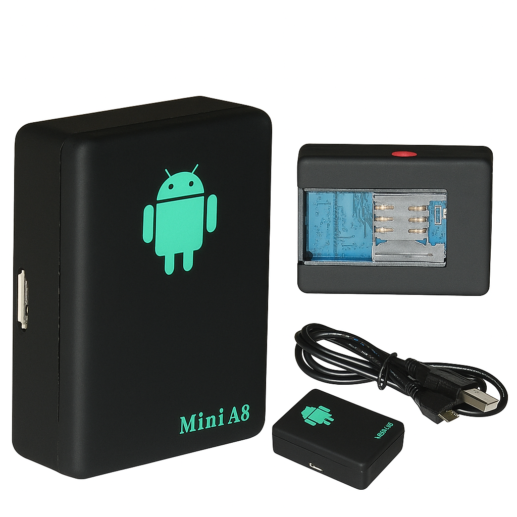 Black electronic device with Android logo, USB cable, and additional small black device on a white background