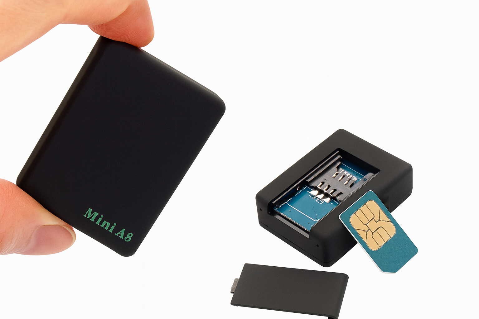 Small black device labeled 'Mini A8' with a SIM card tray and SIM card on a white background.