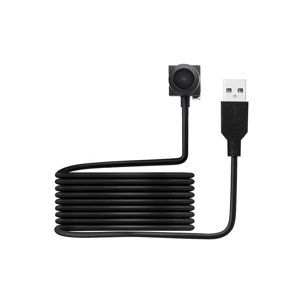 Black USB cable with a circular connector on a white background