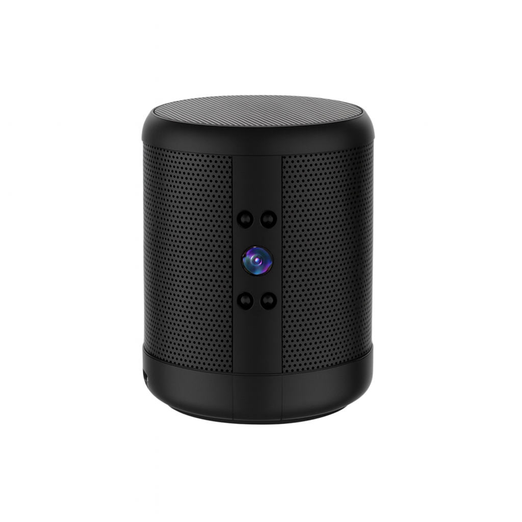 Black portable speaker on a white background