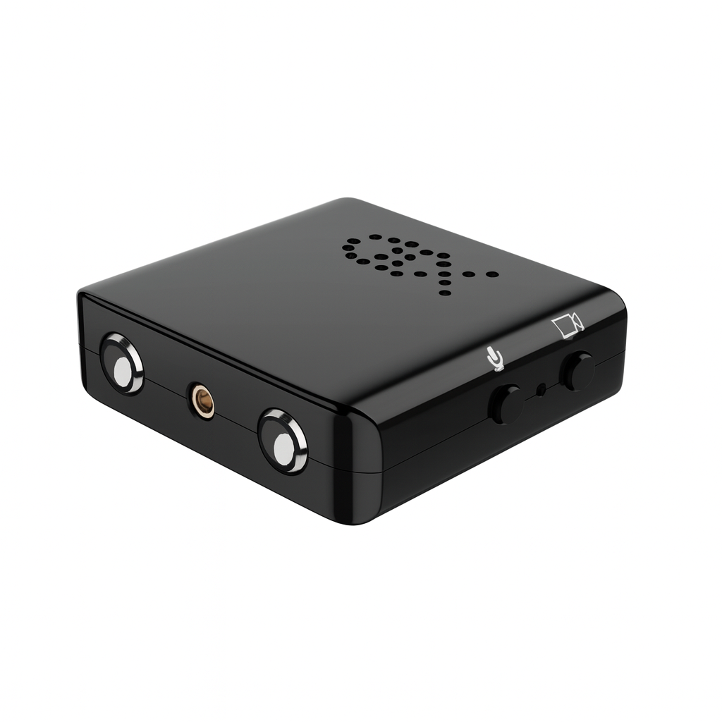 Black electronic device with various ports on a white background