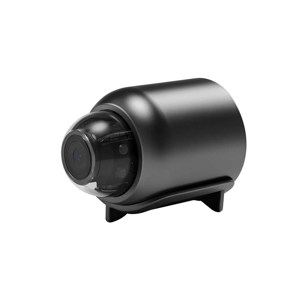 Black security camera on a white background