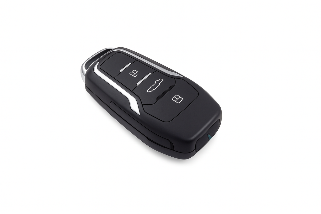 Black car key fob with buttons on a white background