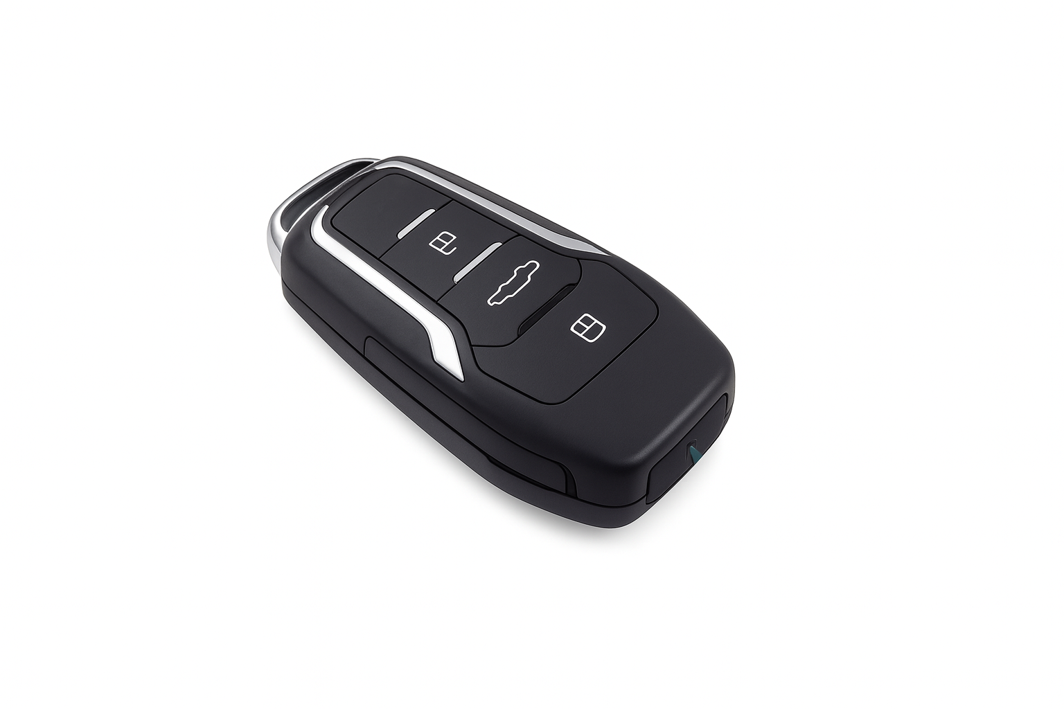 Black car key fob with buttons on a white background