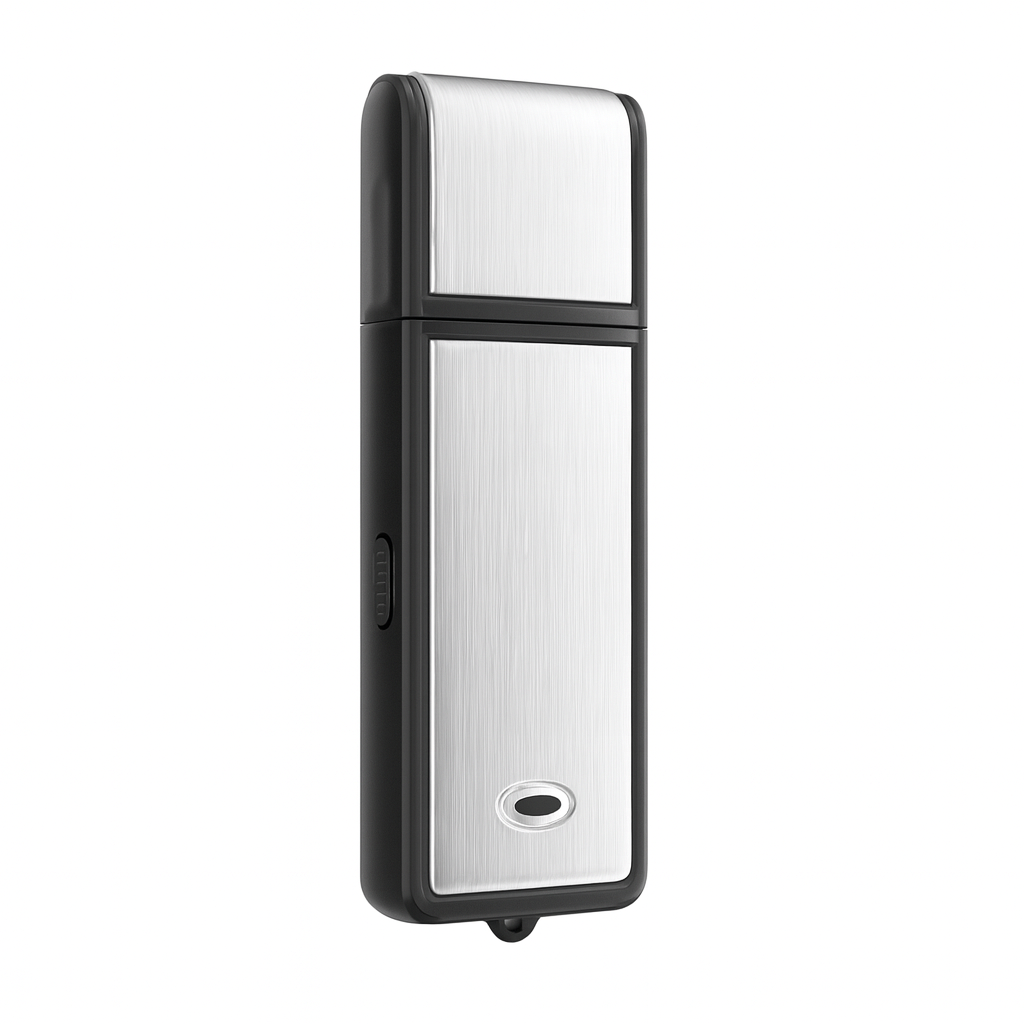 Black and silver electronic device on a white background