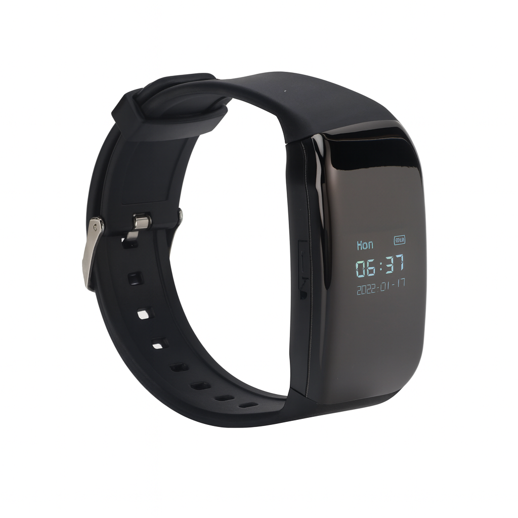 Black smartwatch with digital display on a white background