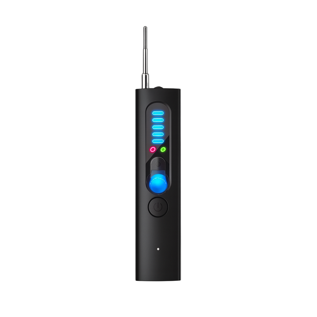 Black electronic device with colorful LED lights on a white background