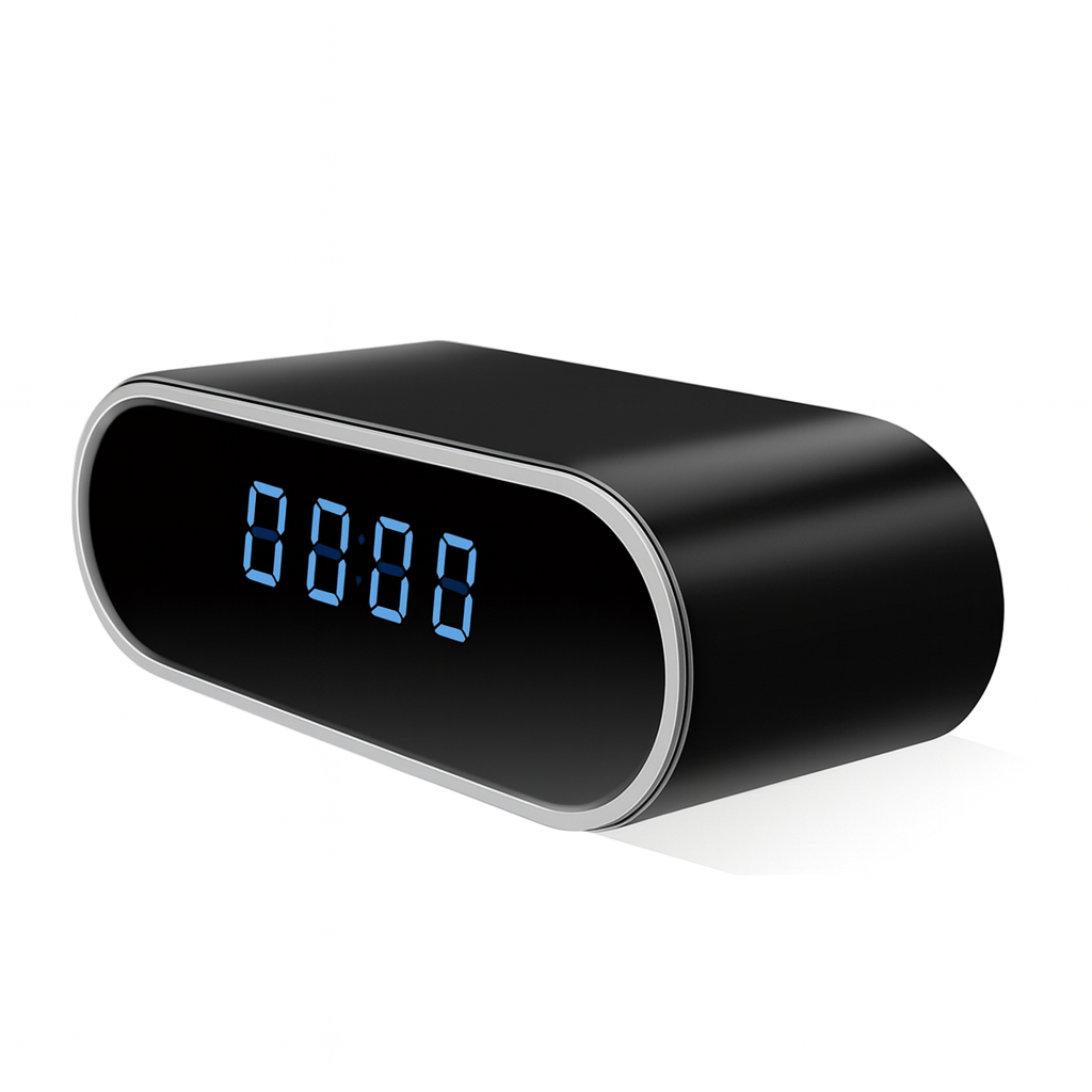Black digital clock with blue LED display on a white background