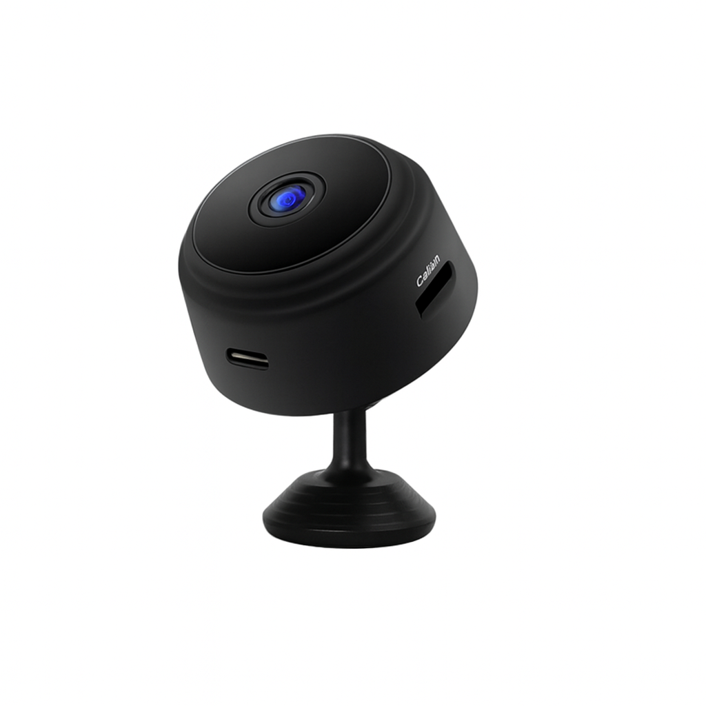 Black surveillance camera with a blue light on a white background