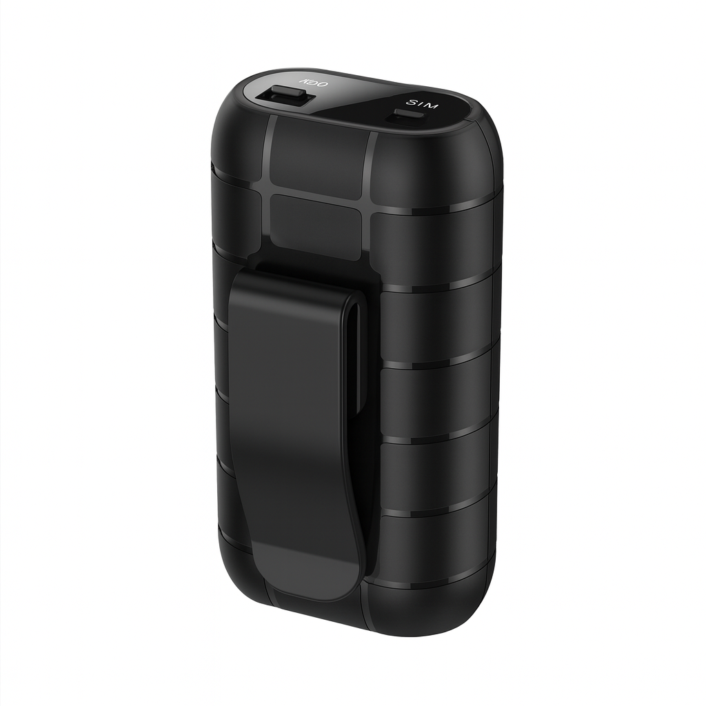 Black portable device with textured surface on a white background
