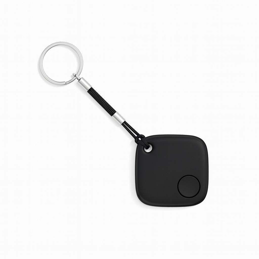 Black keychain device with a visible button on a white background