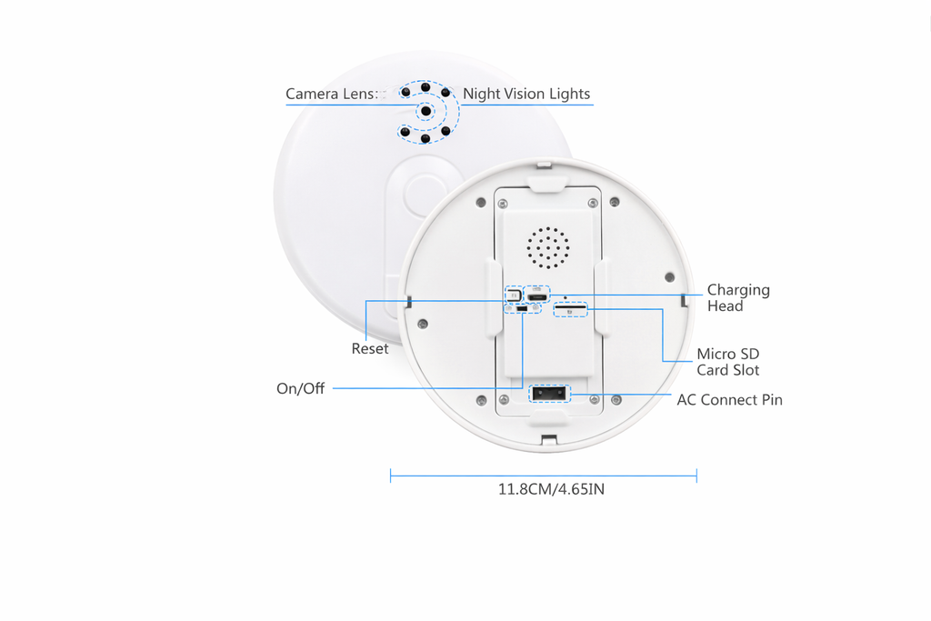 Smoke detector WiFi hidden camera diagram showing camera lens, night vision LEDs, micro SD card slot, reset and on/off switch, charging port, and 11.8 cm size on white background