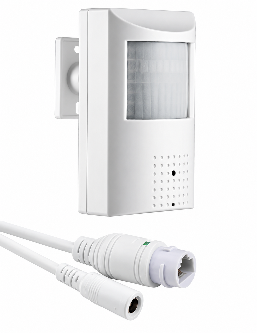 White wireless motion sensor alarm with a wall mount bracket and a white cable with connector plugs, shown on a solid white background.