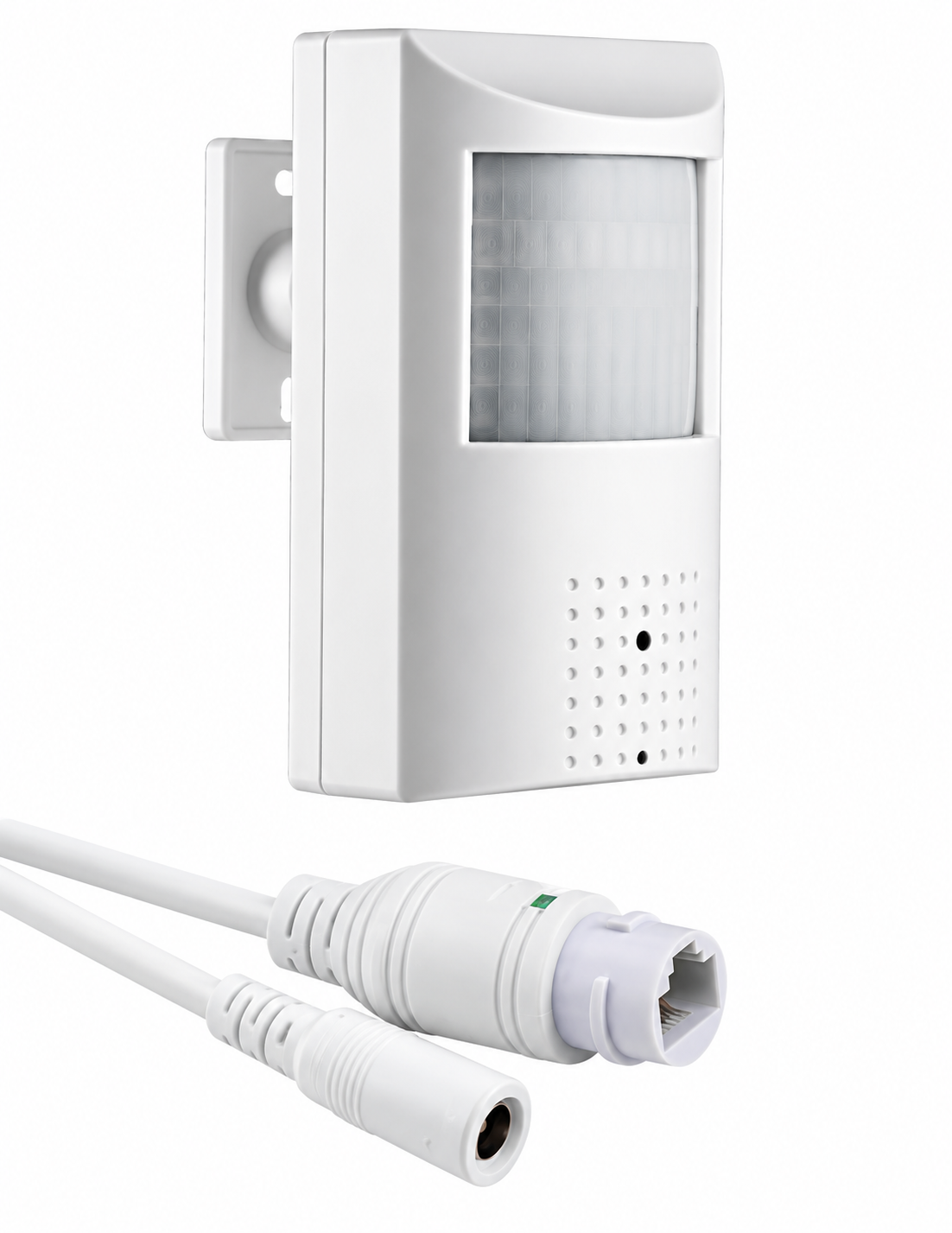 White wireless motion sensor alarm with a wall mount bracket and a white cable with connector plugs, shown on a solid white background.