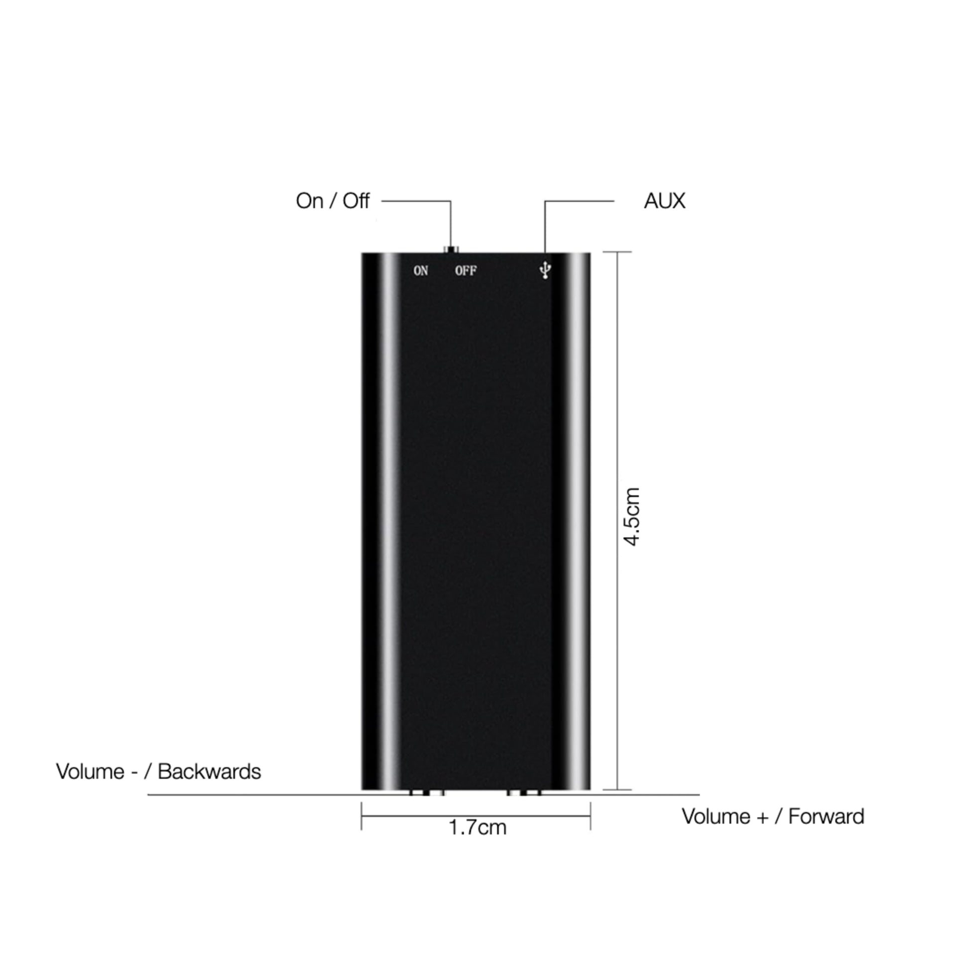Black rectangular device with labeled control buttons on a white background