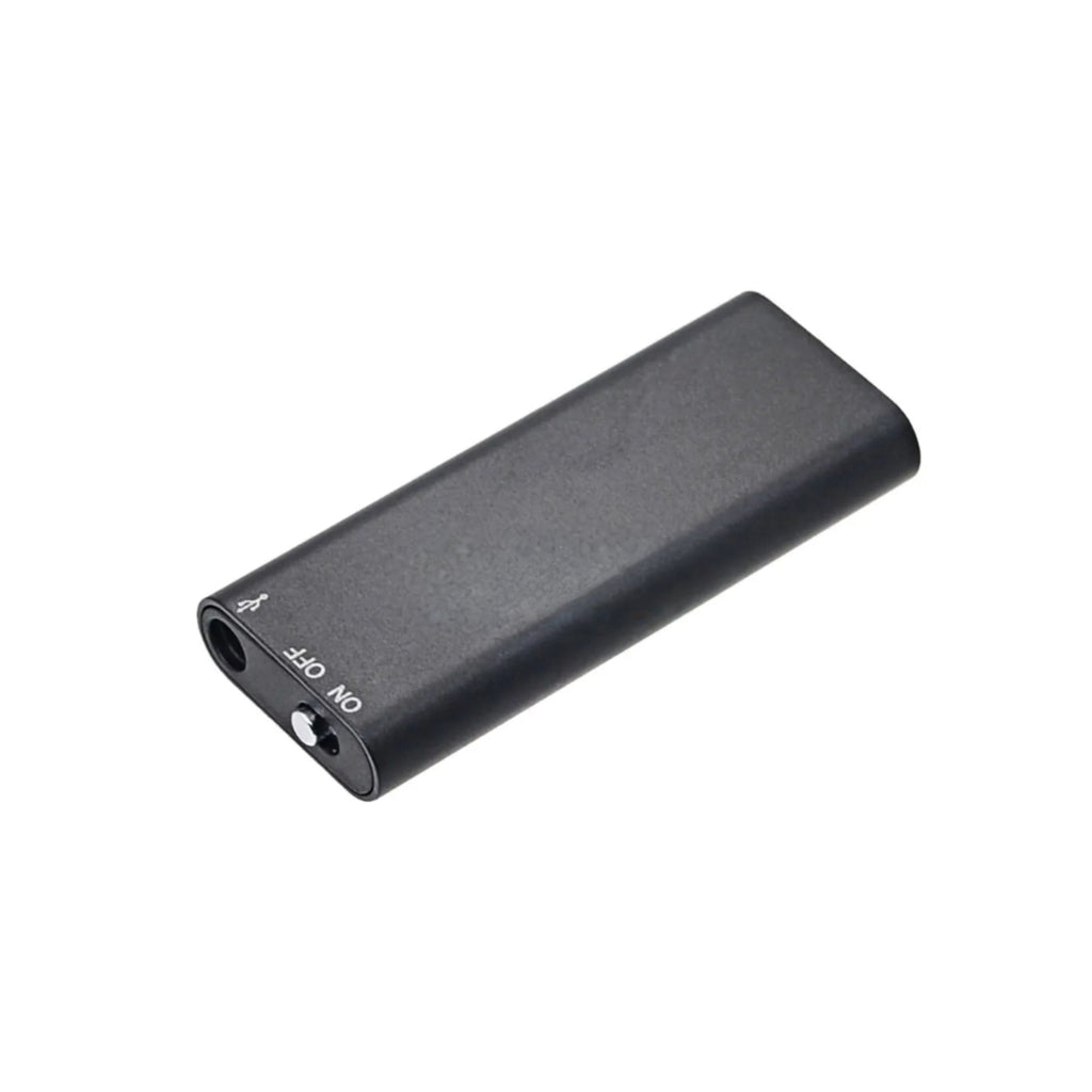 Black portable audio recorder with 'One Touch Recording' text on a white background