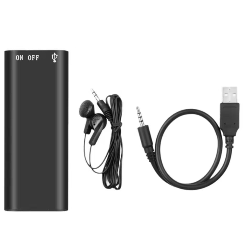 Black electronic device with earbuds and cable on a white background
