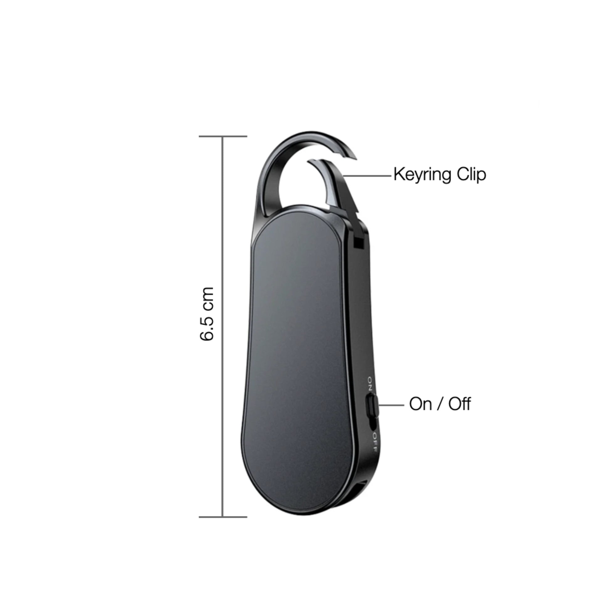 Black keychain device with keyring clip and on/off switch, labeled with measurements and functions.