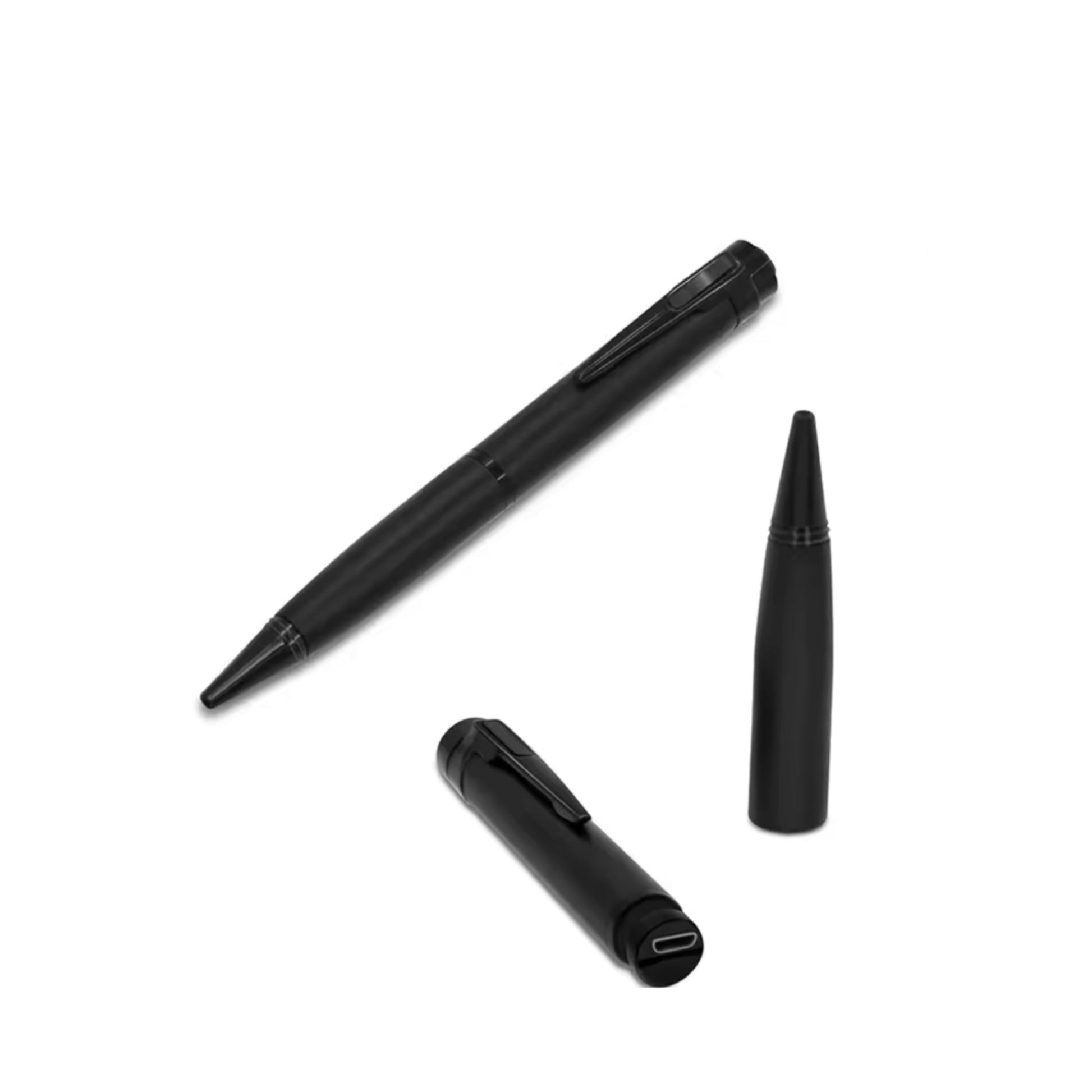 Black pen-shaped device with detachable clip on a white background, labeled 'One Click Recording'.