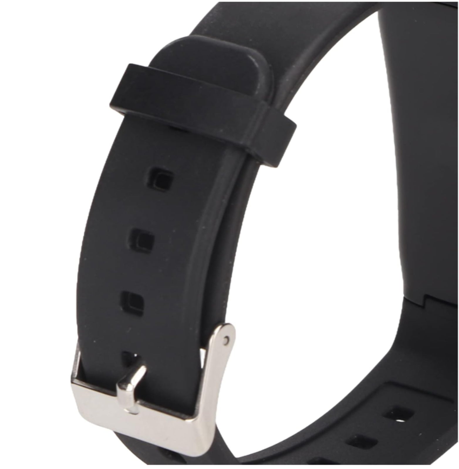 Black watch strap with silver buckle on a white background