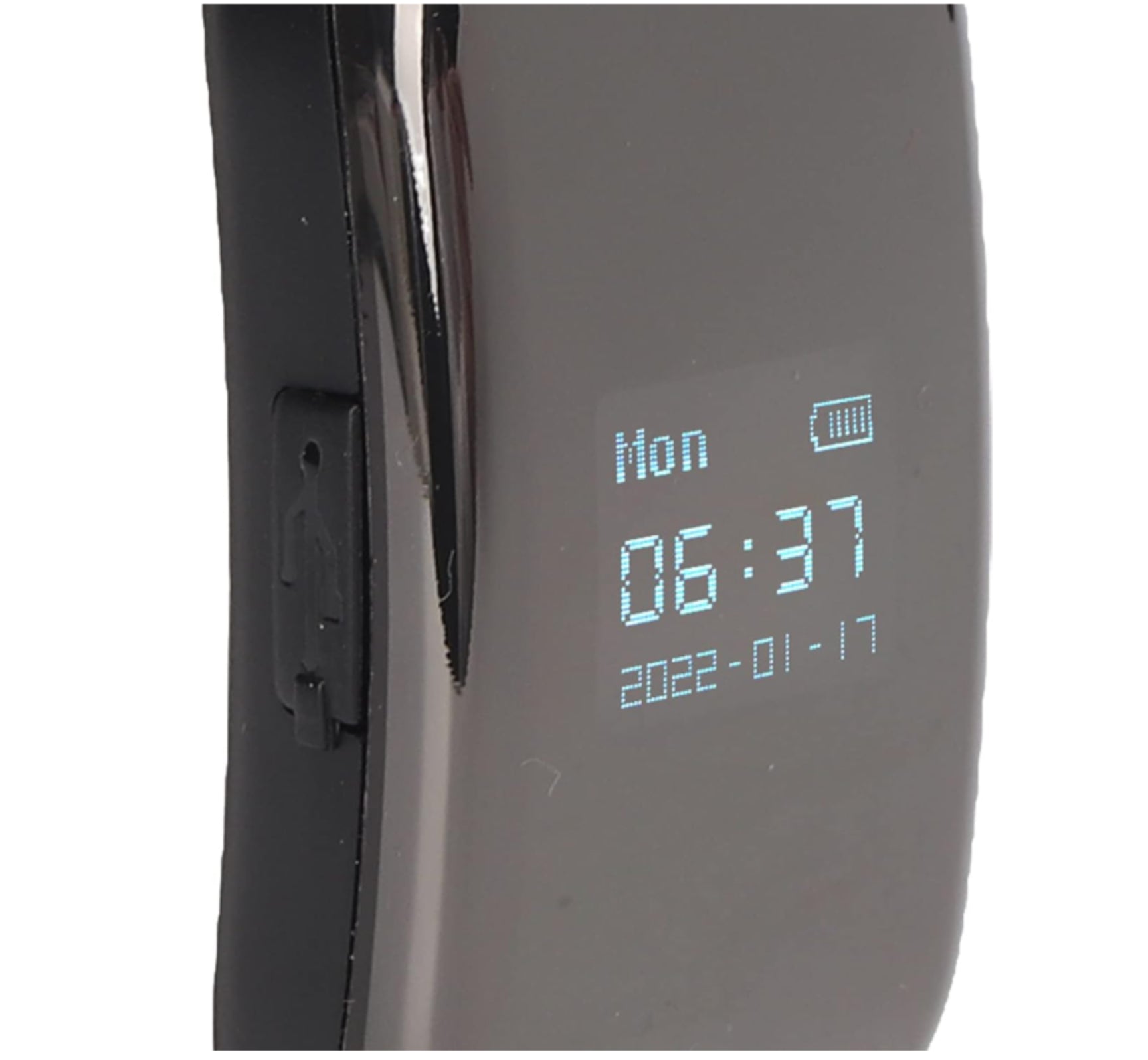 Digital display on a watch with time and date information.