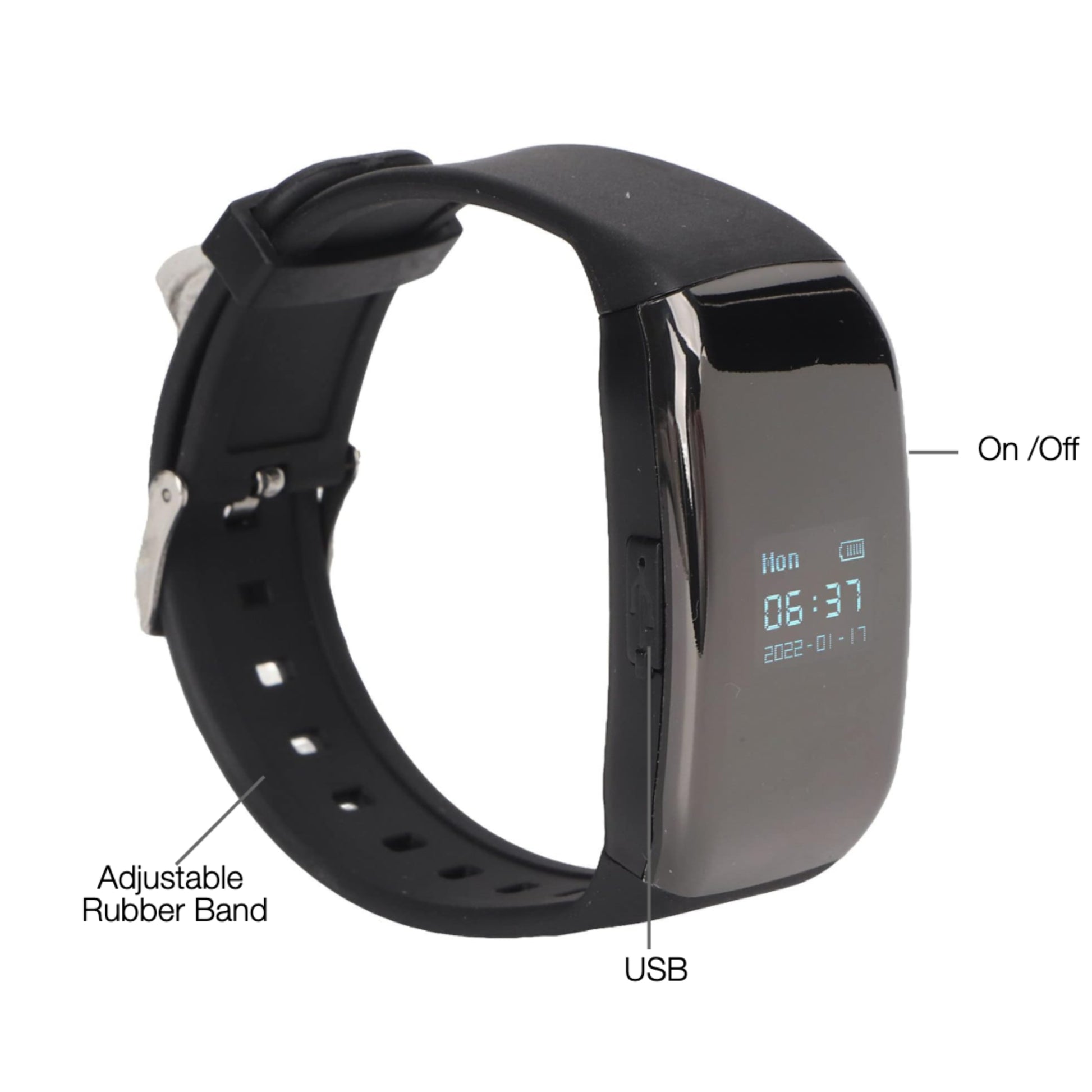 Black smartwatch with digital display on a white background