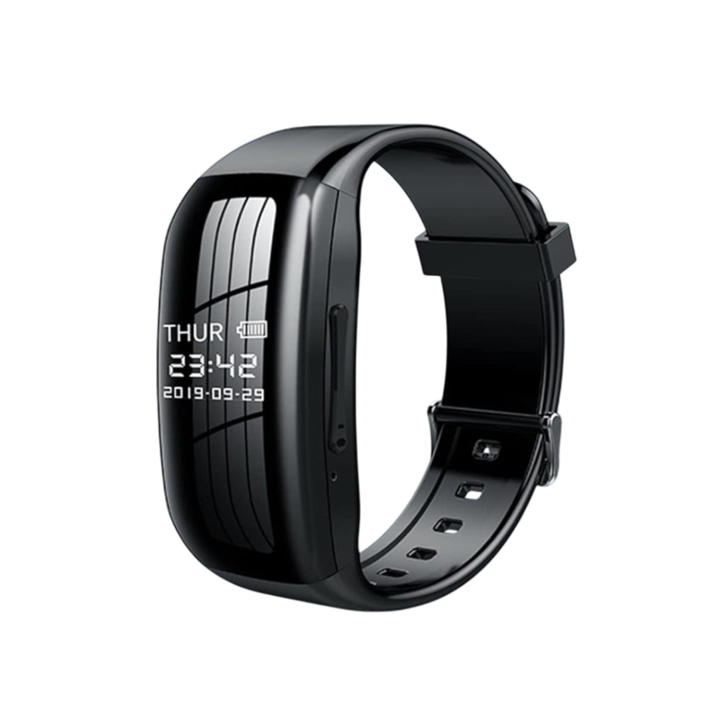 Black smartwatch with digital display on a white background