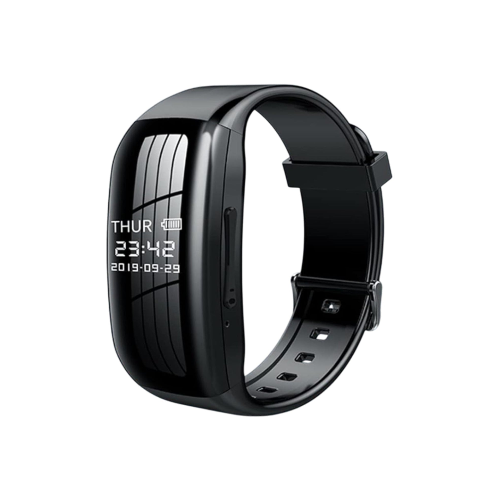 Black smartwatch with digital display on a white background