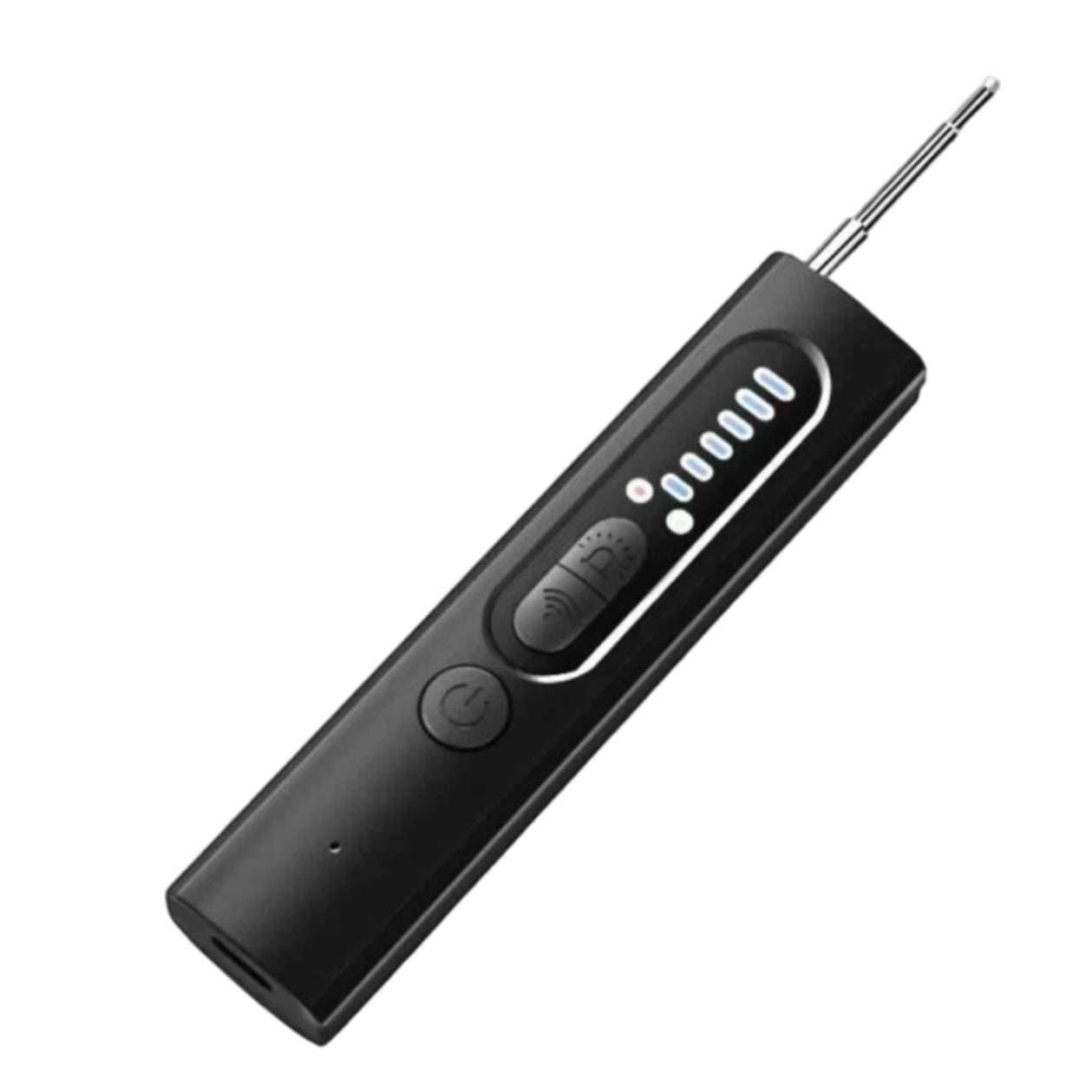 Black device for covert microphone detection on a white background with text.