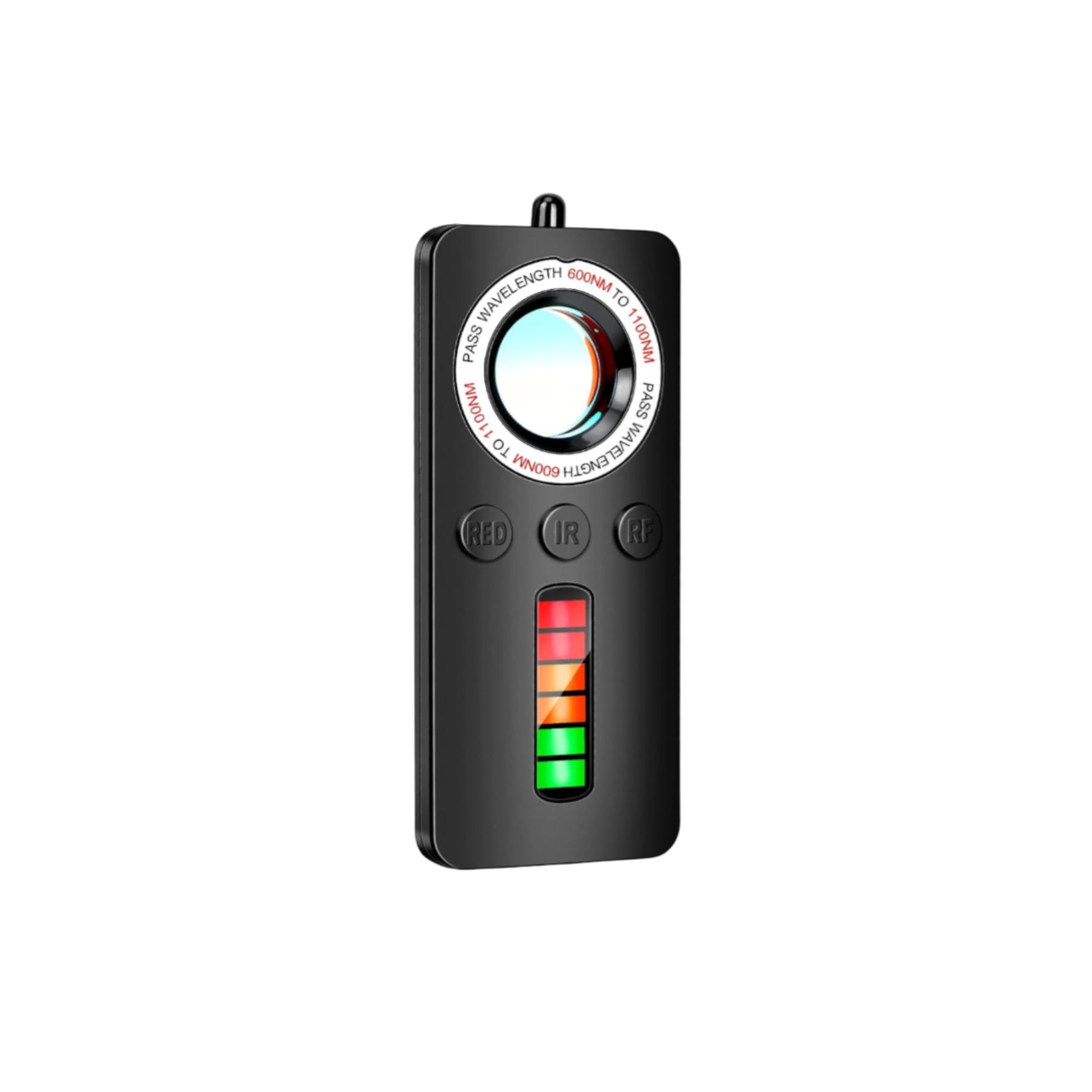 Black electronic device with a circular dial and LED indicators on a white background