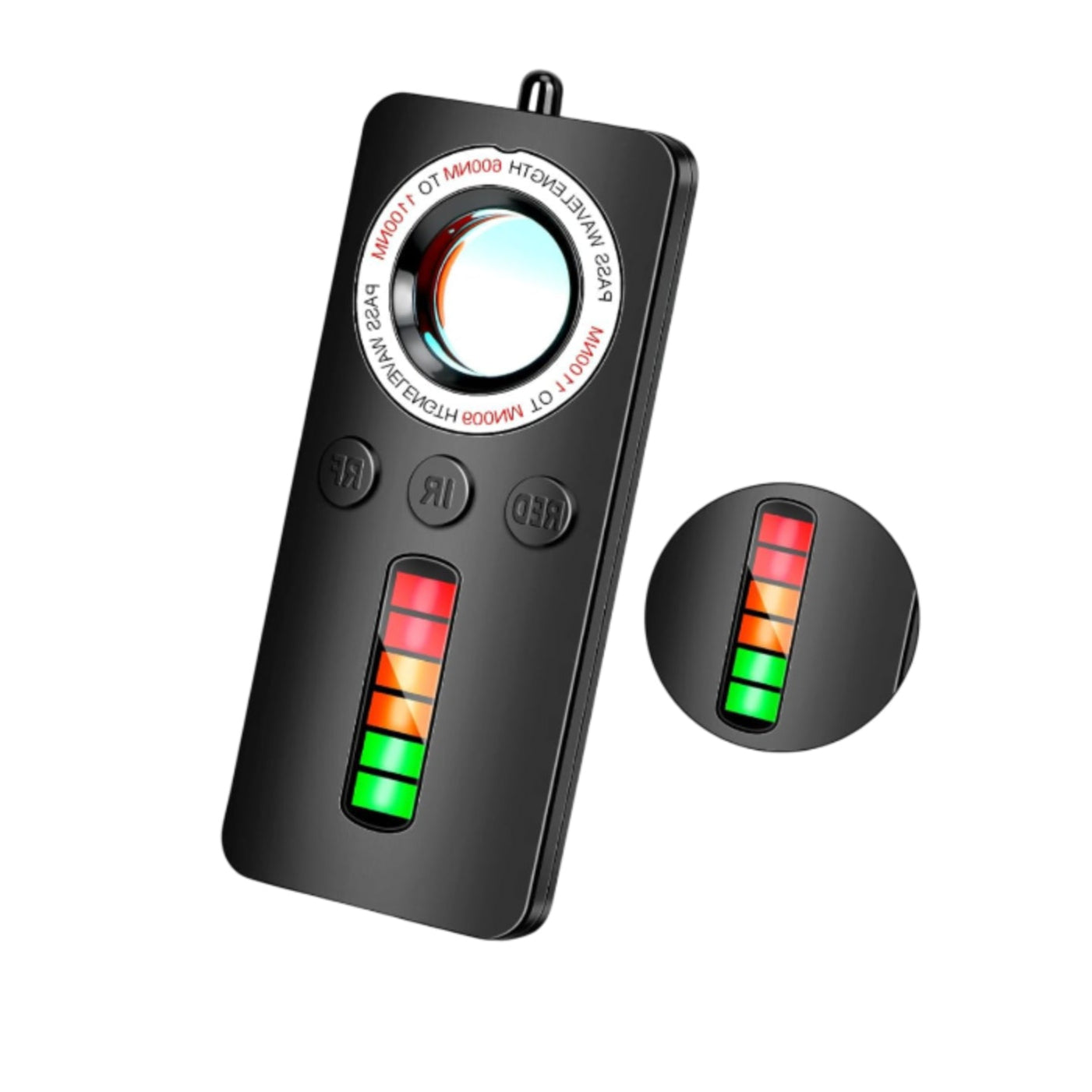 Black remote control with adjustable signal range indicator on a white background
