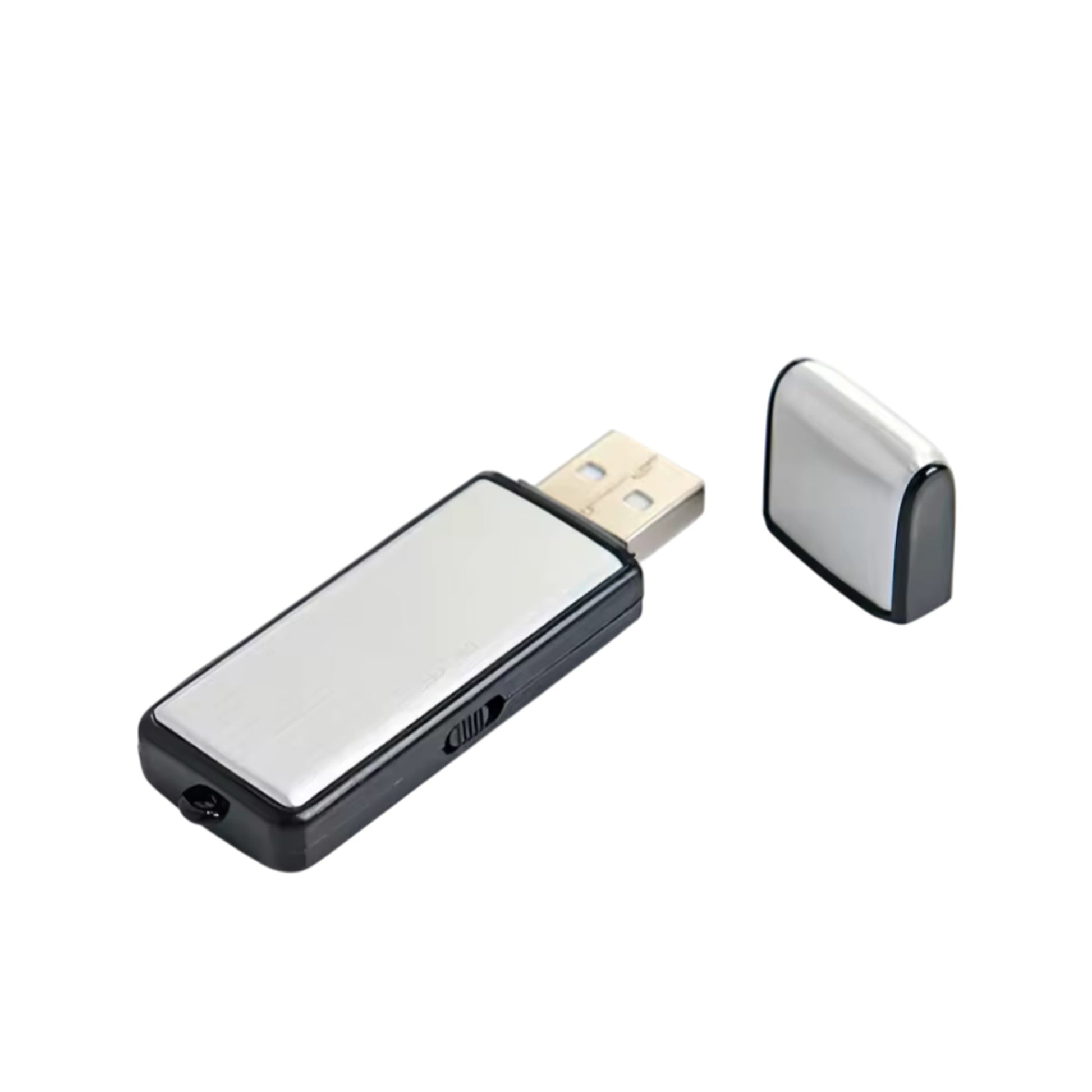 Small electronic device with USB connector on a white background, labeled 'One Button Recording'.