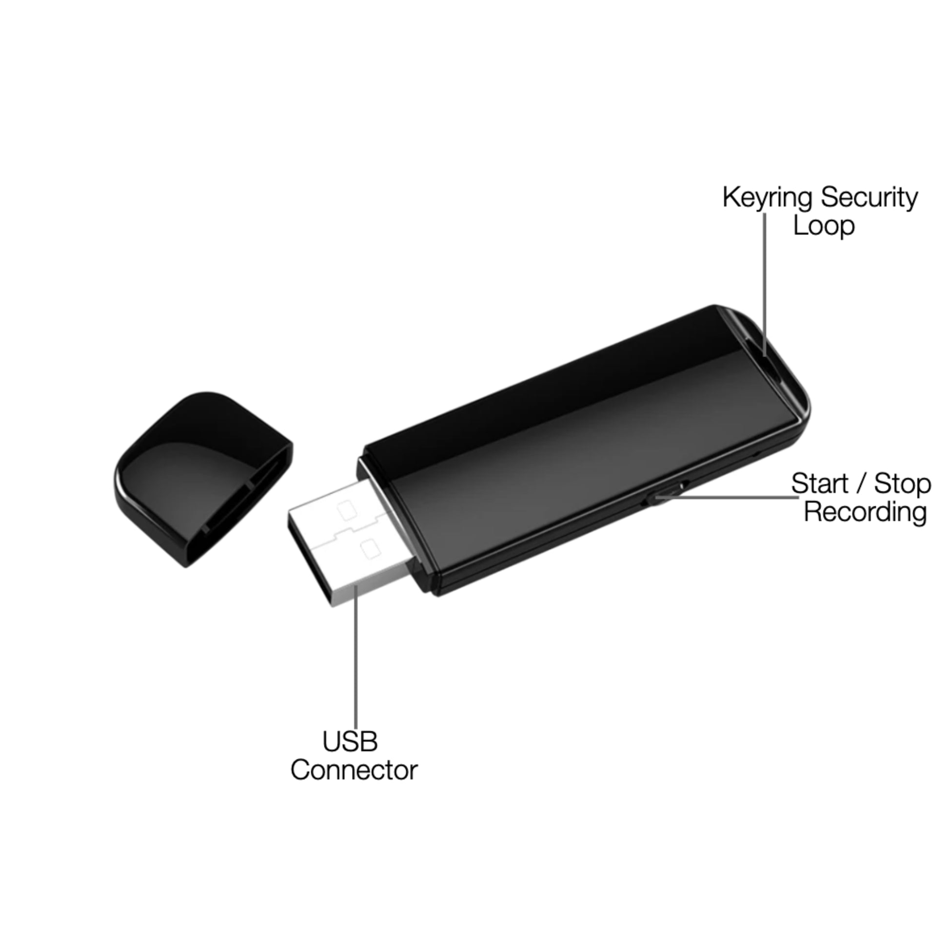 Black USB device with labeled parts on a white background