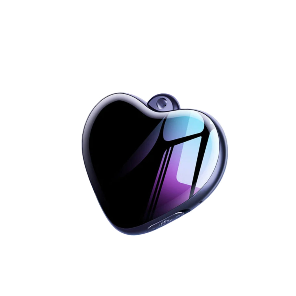 Heart-shaped black electronic device with purple gradient on a white background, labeled 'Up To 100 Hours Storage'.