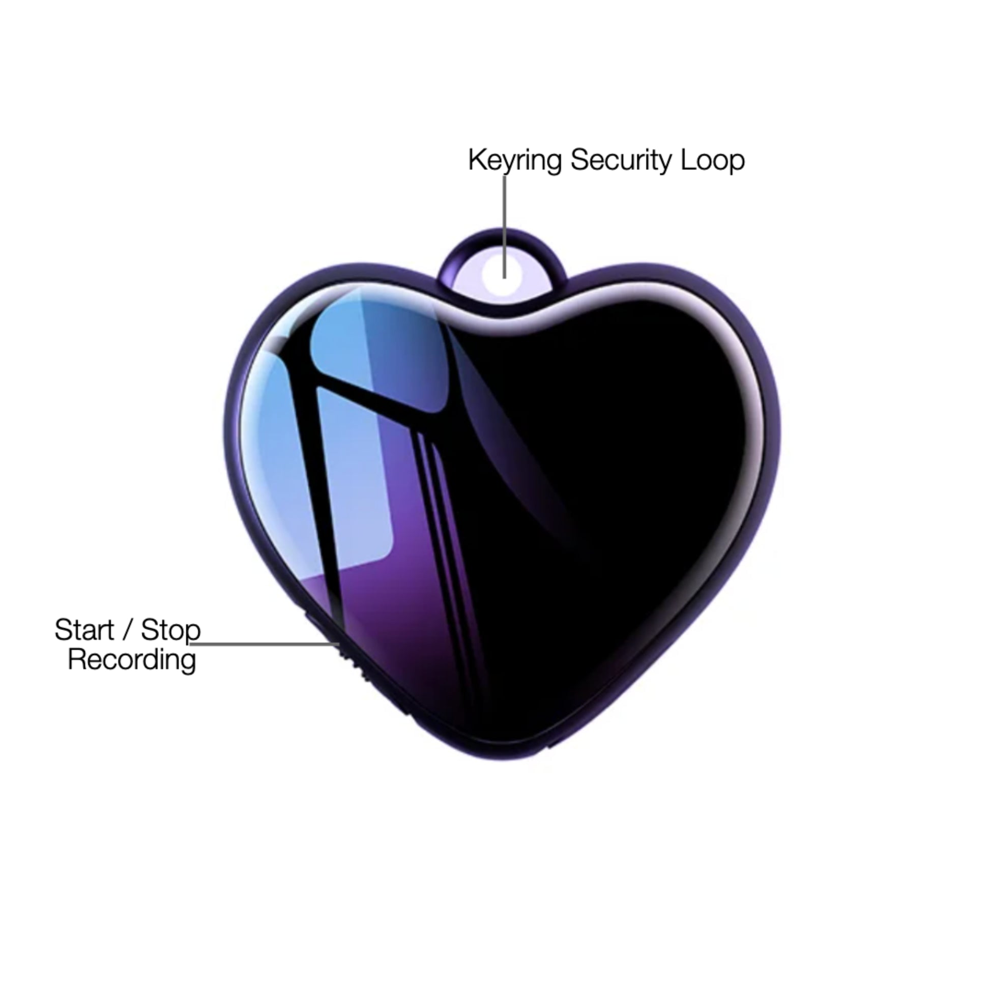 Heart-shaped keychain device with labeled components on a white background