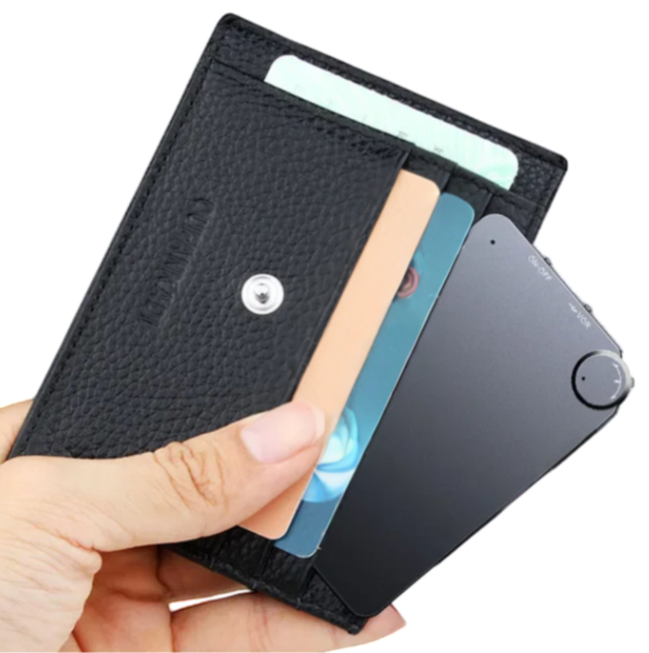 Hand holding a black cardholder with cards and a phone on a white background
