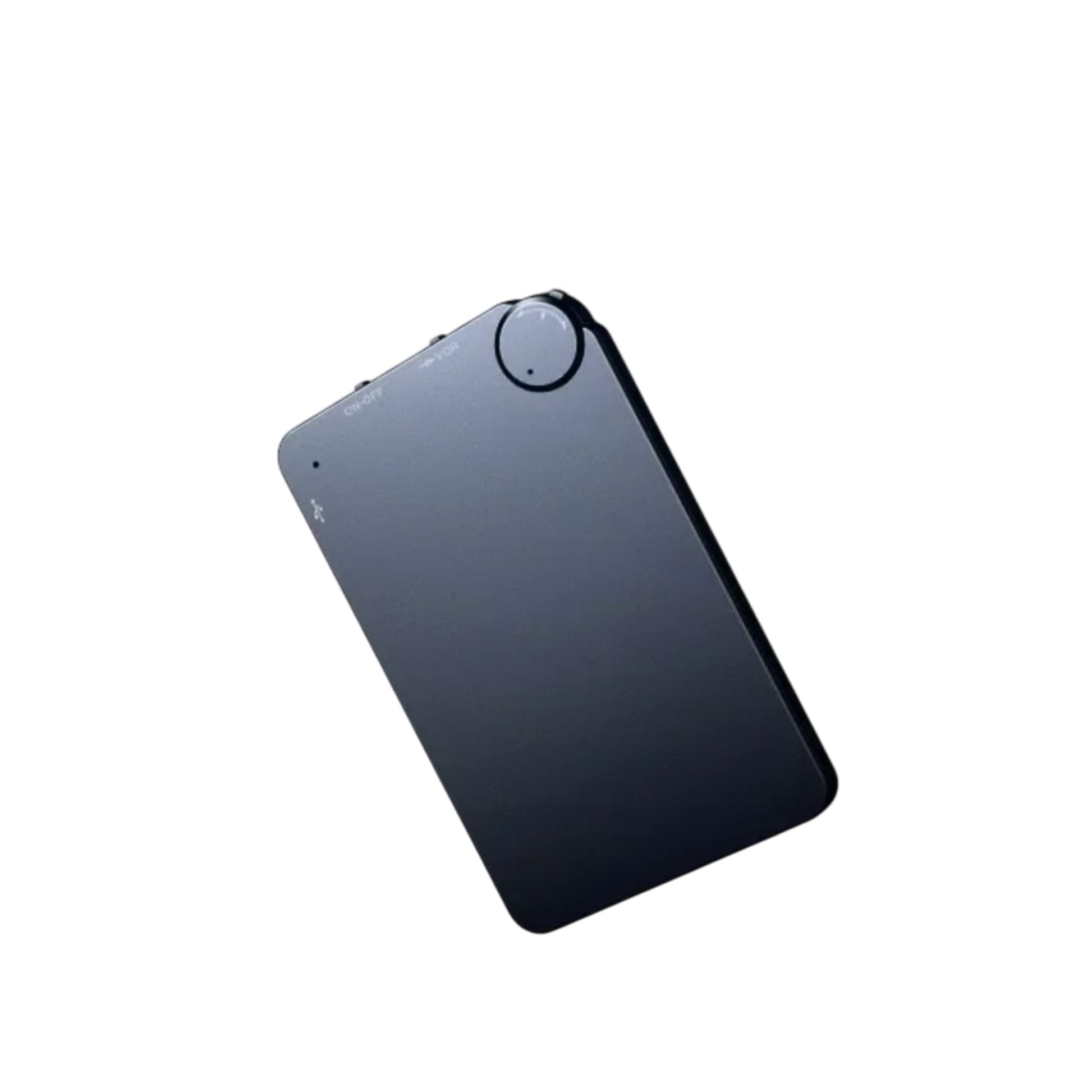Black device with a circular button on a white background, featuring text about recording activation.