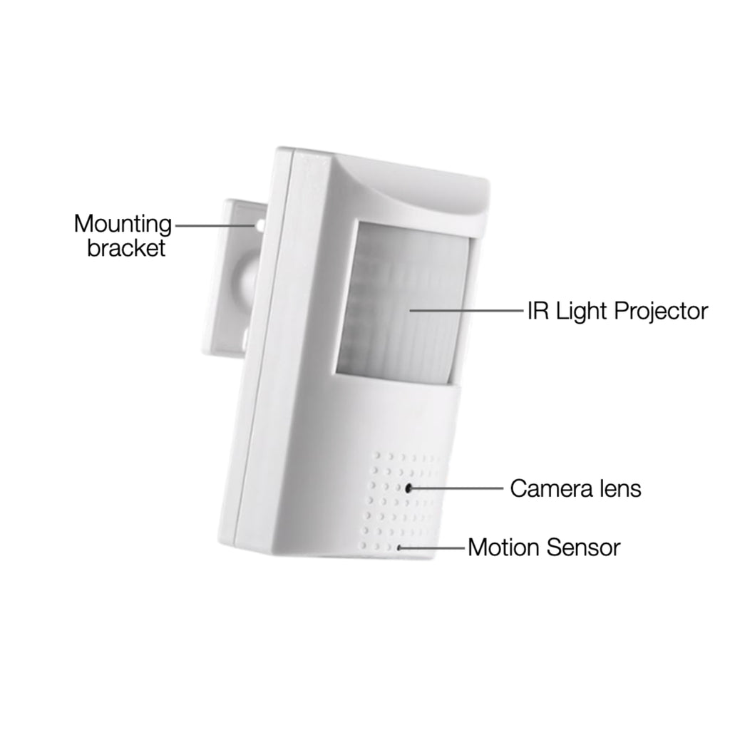 Security camera with labeled parts on a white background